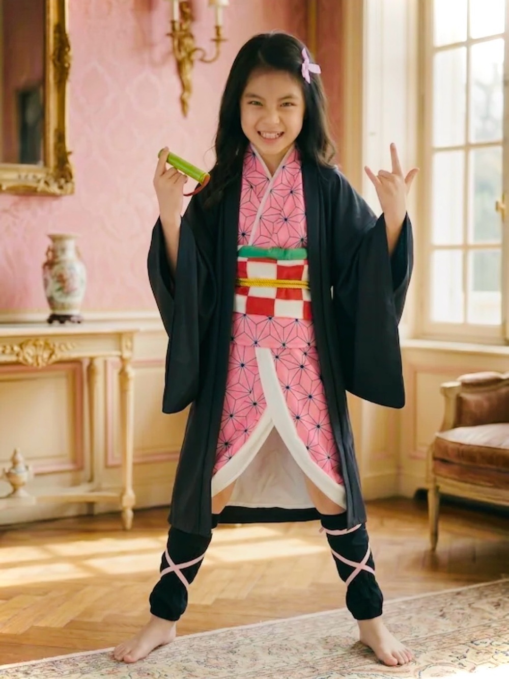 DEMON SLAYER | Kids Nezuko Anime Cosplay Costume Set Kimono Haori Jacket